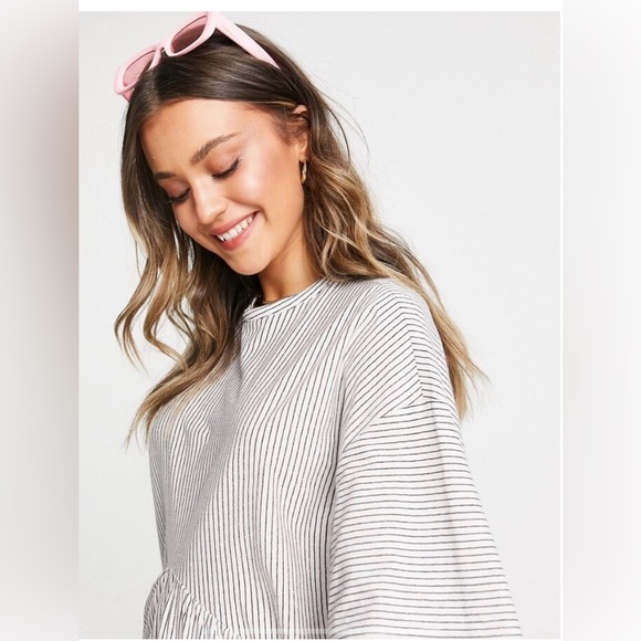 ASOS DESIGN oversized mini smock dress dropped waist black white stripe - Picture 3 of 4